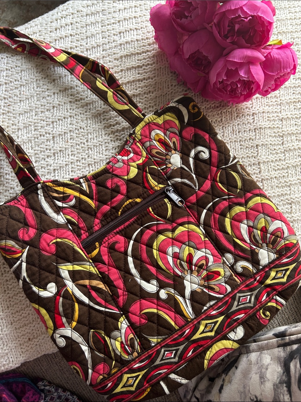 Vera Bradley Brown Quilted Tote with Pink & Yellow Floral Swirls
